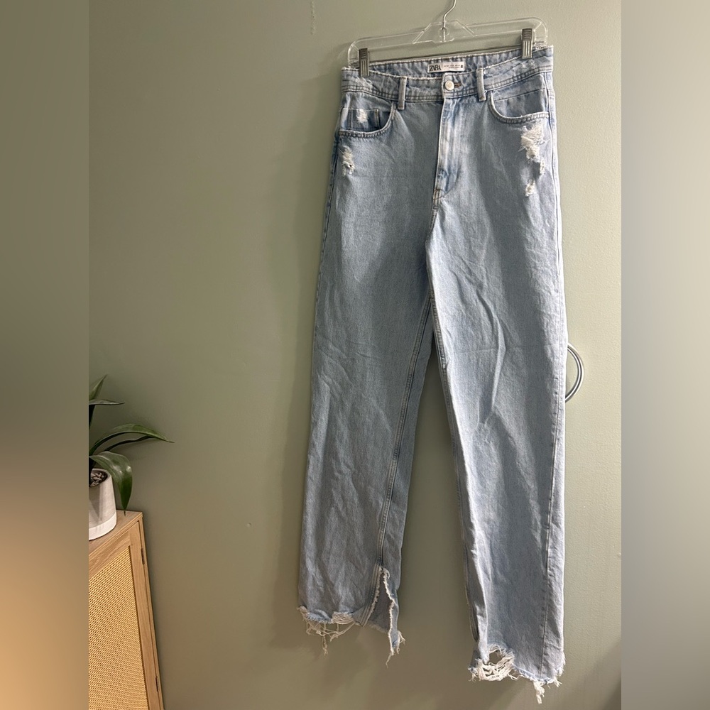 Zara light wash ripped hem straight leg jeans high waisted